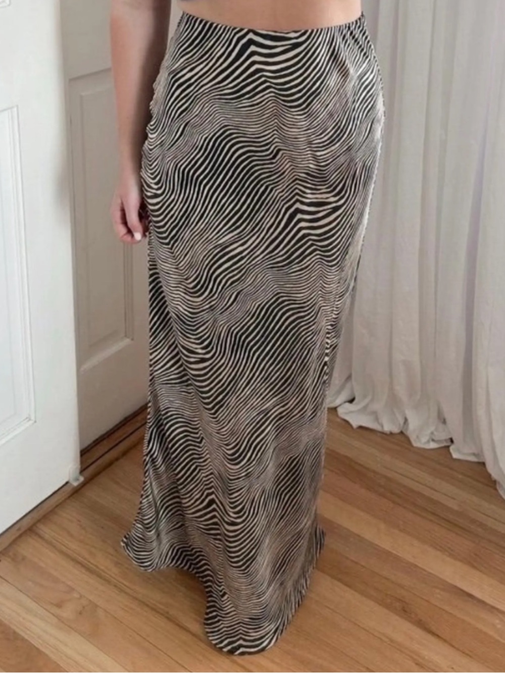Zara Black and Cream Wavy Zebra-Print Satin Maxi Skirt